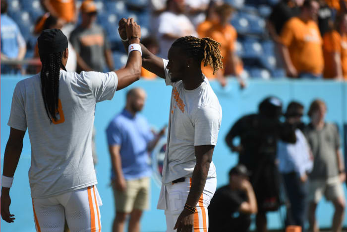 Tennessee Volunteers QBs Joe Milton III and Nico Iamaleava pregame ahead of Virginia on September 2nd, 2023, in Nashville, Tennessee. (Photo by Christopher Hanewinckel of USA Today Sports)